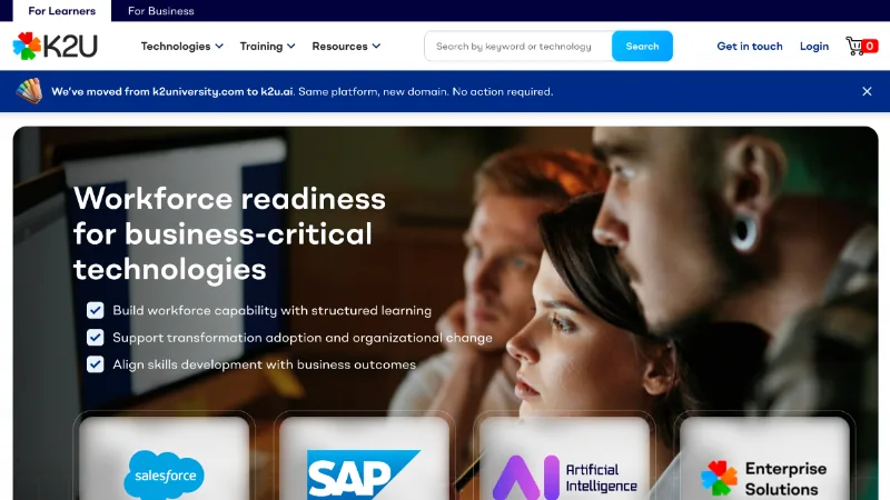 K2U homepage: Workforce readiness for business-critical technologies